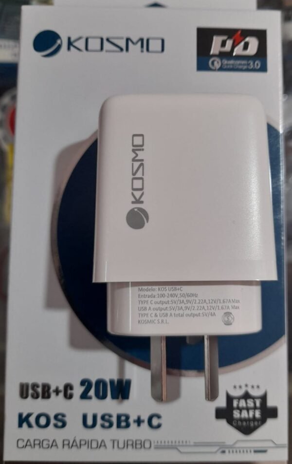 Cabezal Cargador Kosmo usb + c 20w